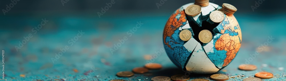 Poster a fractured globe with coins balancing on each piece, macro shot, sharp lighting, textured backgroun