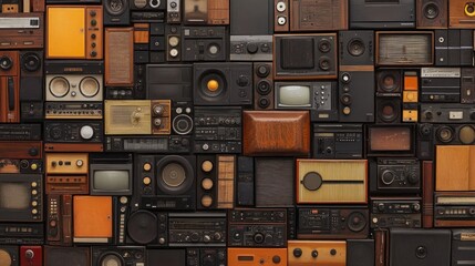 Obraz premium Many vintage radios and TVs in a pile.