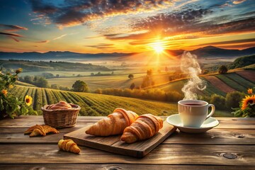 Double Exposure Continental Breakfast: Croissants, Coffee, Sunrise - AI Generated Food Photography