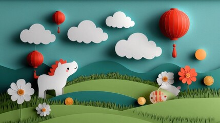 Whimsical paper craft landscape scene with rabbit colorful paper lanterns flowers clouds and rolling hills  Handmade paper art with a charming imaginative and playful aesthetic