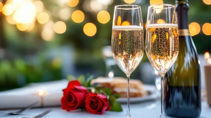 Romantic candlelit champagne dinner with red roses fine tableware and elegant table setting in an intimate restaurant or home environment