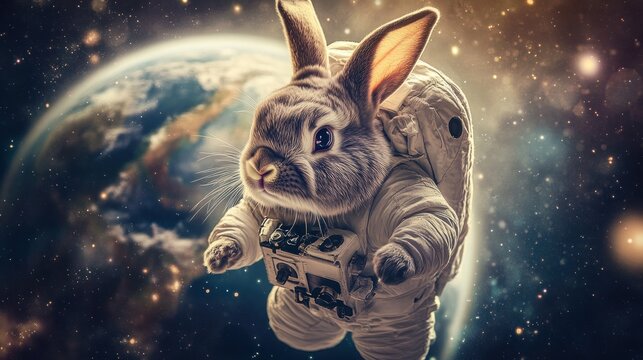 Rabbit astronaut floating in space with Earth.