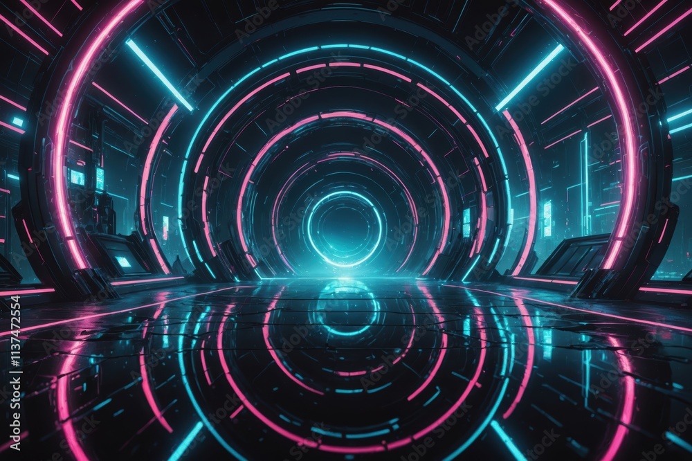Wall mural modern futuristic neon abstract background. large object in the center, space background. dark scene