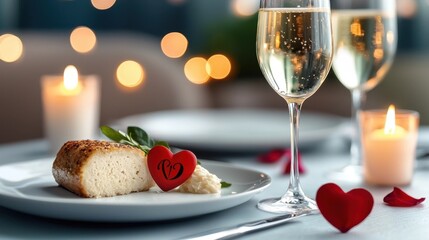 Romantic candlelit dinner setting for a couple celebrating a special occasion or holiday with champagne glasses heart shaped treat on plate and cozy intimate atmosphere