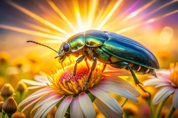 Fototapeta premium Double Exposure: Lachnaia Beetle & Sunny Flower - Macro Photography