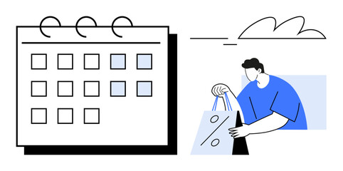 Man holding shopping bag with percent sign, standing beside monthly calendar. Ideal for scheduling, shopping events, sales planning, retail marketing, e-commerce promotions, time management, special