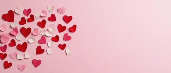 Romantic Valentines Day Background with Pink and Red Paper Hearts