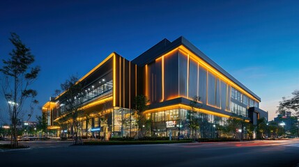 Obraz premium Modern building illuminated at night, showcasing architectural design and urban environment.