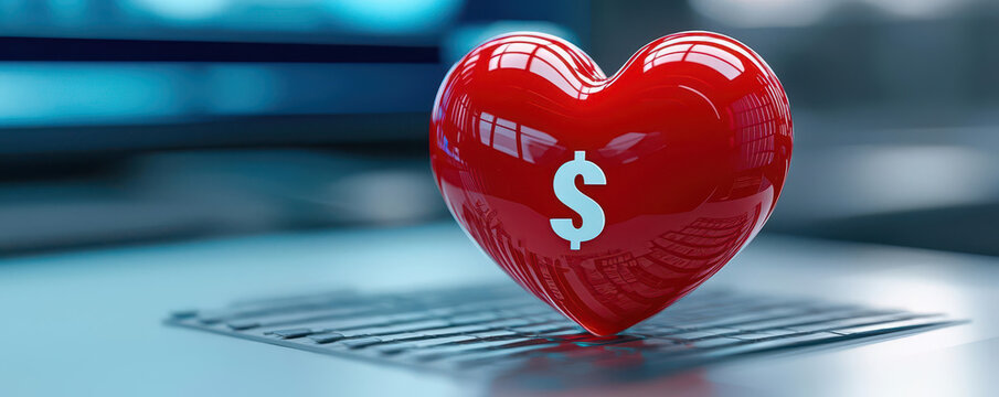 Human heart shaped dollar icon glowing on a medical monitor, symbolizing healthcare costs and cardiac care expenses, clean sterile hospital setting