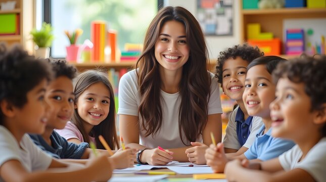 Smiling teacher surrounded by happy diverse students, creating joyful classroom moments. Learning and growth together!