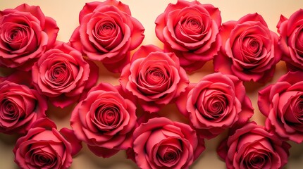 Obraz premium A breathtaking bouquet of crimson roses, elegantly arranged on a soft beige backdrop. Perfect for Valentine's Day or any romantic occasion.