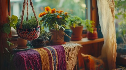 Fototapeta premium A cozy indoor space with potted plants and colorful textiles by a window.
