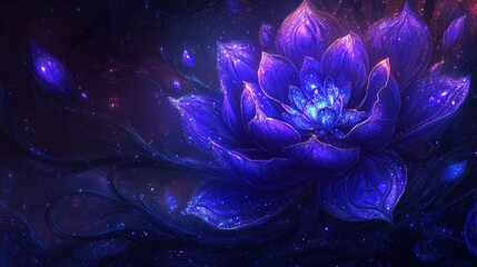 Obraz premium A vibrant, cosmic lotus flower glowing in a dark, starry background.