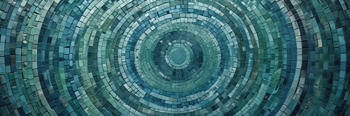 Abstract circular mosaic pattern in shades of blue and green, blue, circular