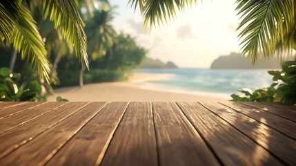 Fototapeta premium Wooden planks overlook tropical beach sunset background mockup.
