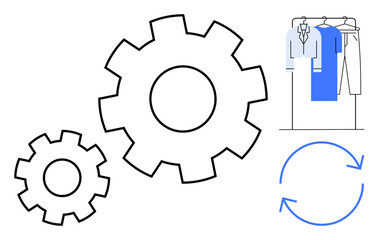 Large and small gears with clothing on hangers next to circular arrows indicating recycling. Ideal for sustainability, manufacturing, textile industry, fashion design, eco-friendly practices