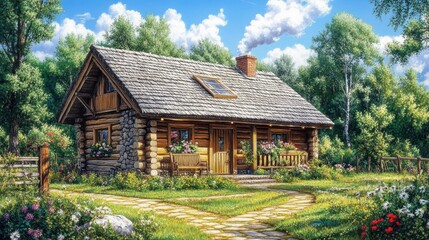 Obraz premium Idyllic Log Cabin in Summer Forest