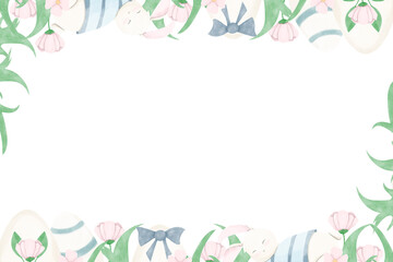Watercolor Easter Horizontal Frame Illustration with White Sleeping Hare in Green Leaves, Pink Flowers, Eggs with Bows for Print and Web Use