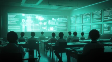 Fototapeta premium Students watch a screen in a high-tech classroom.