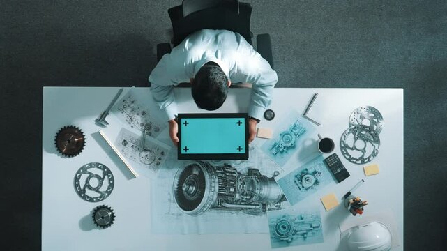 Top view of skilled engineer writing in paper while looking at tablet display green screen with turbine engine sketch design and metal gear and architectural equipment scatter around. Alimentation.