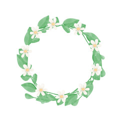 Watercolor Round Frame Wreath Illustration Easter Theme with White Small Daisies and Lush Foliage for Print and Web Use