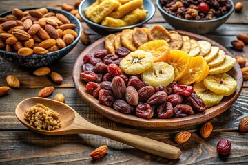 Dried Fruit & Healthy Snack Plate: Closeup Image of Bananas, Dates, Pineapple, Peanuts