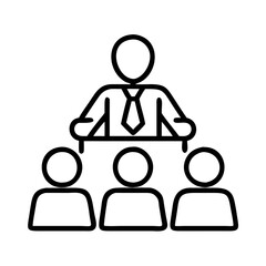boss holding a meeting icon, boss’s Day line art, boss’s icon - simple black line art icon of boss holding a meeting, symbolizing boss’s Day celebrations. boss day vector art.