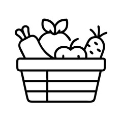 fresh produce basket icon, vegan day line art, vegan day icon - simple black line art icon of fresh produce basket, for vegan day celebrations. vegan day vector art.