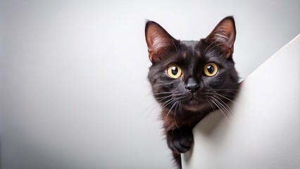 Drone Photography: Black Cat Peeking, White Banner, Copy Space, Aerial View, Pet Photography