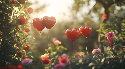 Obraz premium Vibrant heart-shaped balloons float above colorful flowers, creating a romantic and whimsical scene in a sunlit garden.