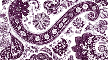 A flat vector of a purple and white paisley rug with intricate floral details placed on a white background captured with high realism and clarity