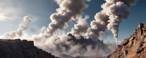 A surreal landscape of a never-ending rising wall of smoke and steam, ethereal, fog, atmosphere
