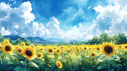 Fototapeta premium Vibrant Sunflower Field Under a Bright Blue Sky with Fluffy White Clouds and Lush Green Mountains in the Background, Ideal for Nature and Landscape Themes