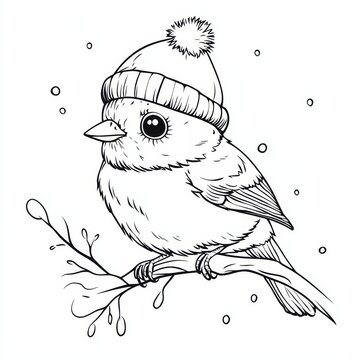 recommend clip art: Winter Bird on Branch: Adorable line art illustration of a small bird wearing a knit winter hat, perched on a snow-dusted branch. Perfect for winter-themed projects and designs. 