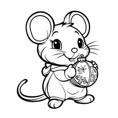 Fototapeta premium Adorable Christmas Mouse: A charming cartoon mouse holding a festive Christmas ornament, perfect for adding a touch of whimsy to holiday designs. 
