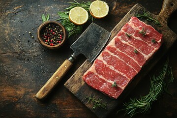 A slab of meat is on a wooden cutting board with a knife and a bowl of spices