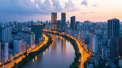 Fototapeta premium Business district illuminated by digital currency lights, reflecting economic windfall