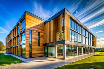Fototapeta premium Drone Shot: Modern Architecture, Large Windows, Wooden Accents, Bright Sky - Stunning Aerial Photography