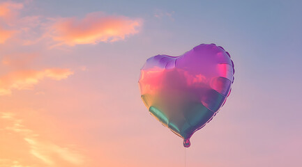 A colorful heart-shaped balloon floats against a pastel sky, evoking feelings of joy and love.