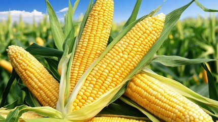 Close-up of ripe corn with husks on field.