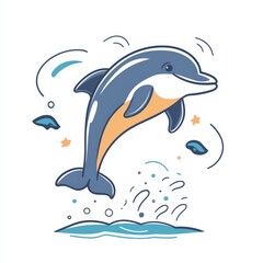 Obraz premium Playful Dolphin Leap: An illustration of a happy dolphin leaping from the ocean waves, surrounded by playful bubbles and stars. Perfect for children's books, marine-themed designs.