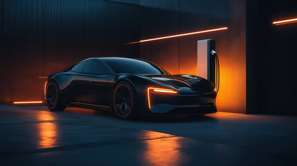 A modern electric car connected to a sleek charging station in a minimalist urban setting, with a glowing cable to symbolize charging