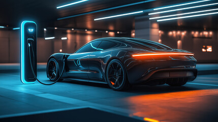 Obraz premium A modern electric car connected to a sleek charging station in a minimalist urban setting, with a glowing cable to symbolize charging