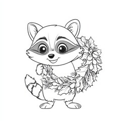 Obraz premium Adorable Raccoon with Holly Wreath: A charming illustration of a cute raccoon holding a festive holly wreath. Perfect for holiday cards, children's books, and winter-themed designs. 