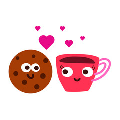 Red coffee cup and chocolate cookie. Romantic scene. Design for Valentine's day. Flat illustration on white background.
