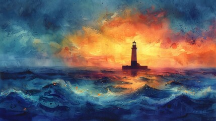 National Faith Day. A dramatic lighthouse amidst a raging storm, waves crashing against its base, symbolizing guidance and resilience.