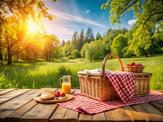 Fototapeta premium Drone View: Rustic Picnic - Wicker Basket, Gingham Cloth, Summer Meadow