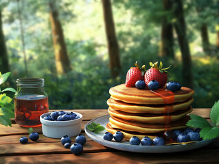 pancakes with blueberries and strawberries on top, jar of maple syrup and bowl of blueberries on a table outside