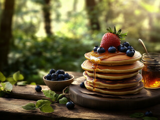 stack of pancakes with blueberries, syrup and a strawberry on a picnic table outdoors