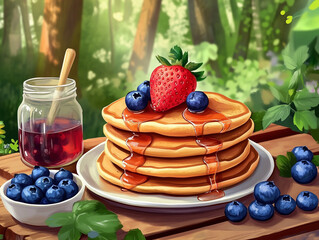 stack of pankcakes with blueberries, maple syrup and strawberries on picnic table in the woods